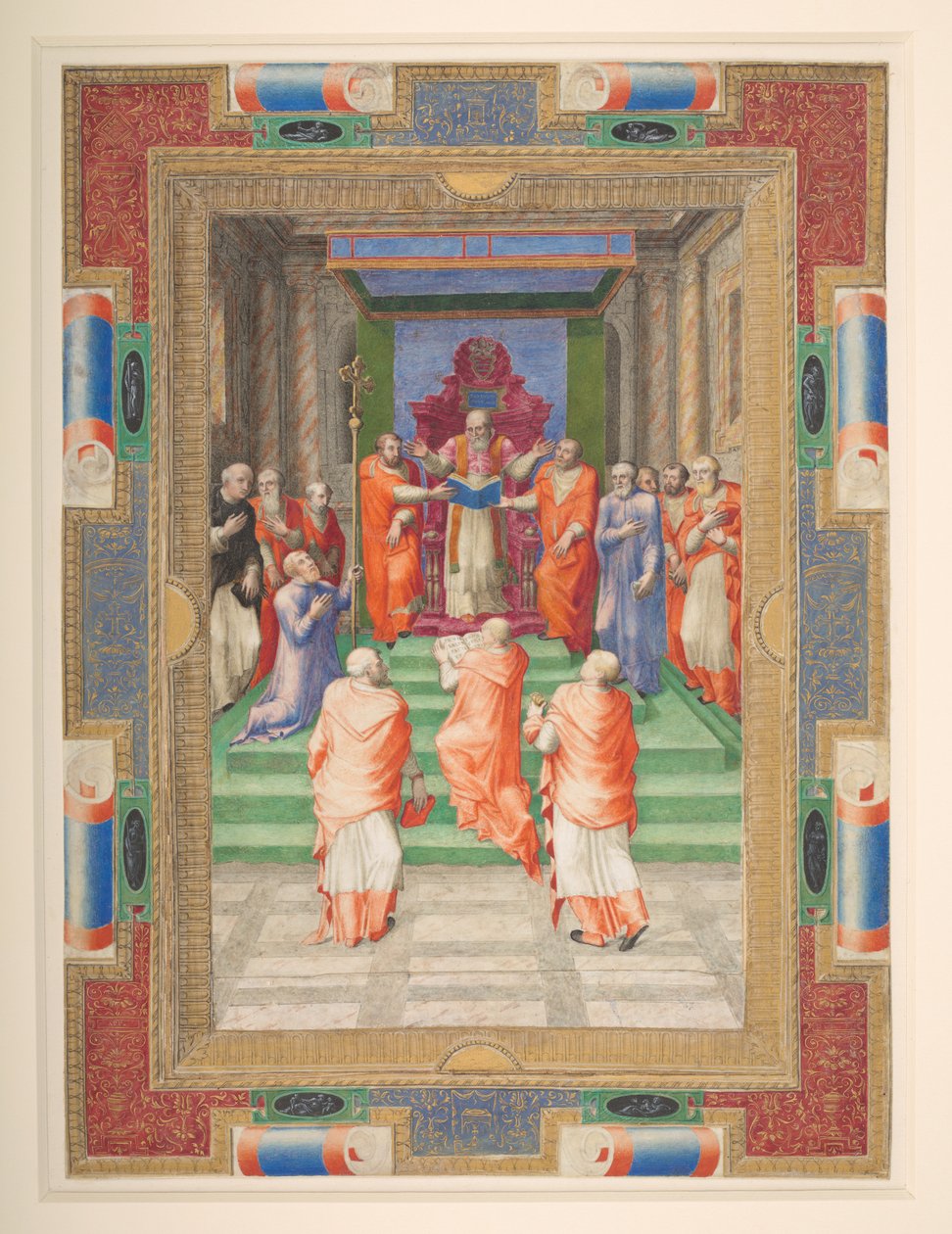 Papežský obřad, Pavel IV. stojí před papežským trůnem, Add. MS 35254 Q, c.1555-59 (vellum) od Apollonio di Bonfratelli