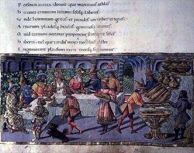 Ms 492 f.75 Scéna hostiny z Aeneidy (pergamen) od Apollonio di Giovanni di Tommaso