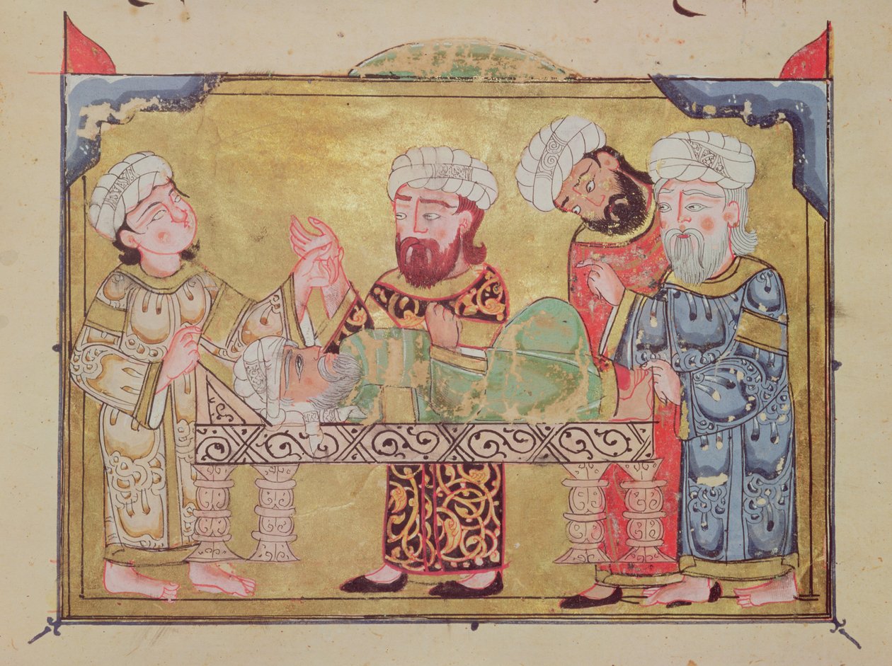 Návštěva lékařů u jeho pacienta, scéna z Maqamat od Al-Haririho (kvaš na pergamenu) od Arabic School