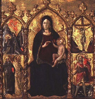Triptych: Madona s dítětem (středová deska) se světci a scénou Ukřižování (tempera na desce) od Arcangelo di Cola da Camerino