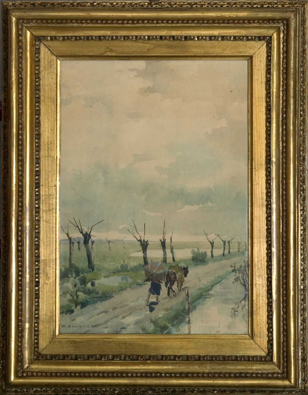 Krajina s osobami 1918-19 (akvarel na kresbě uhlím) od Arcangelo Salvarani