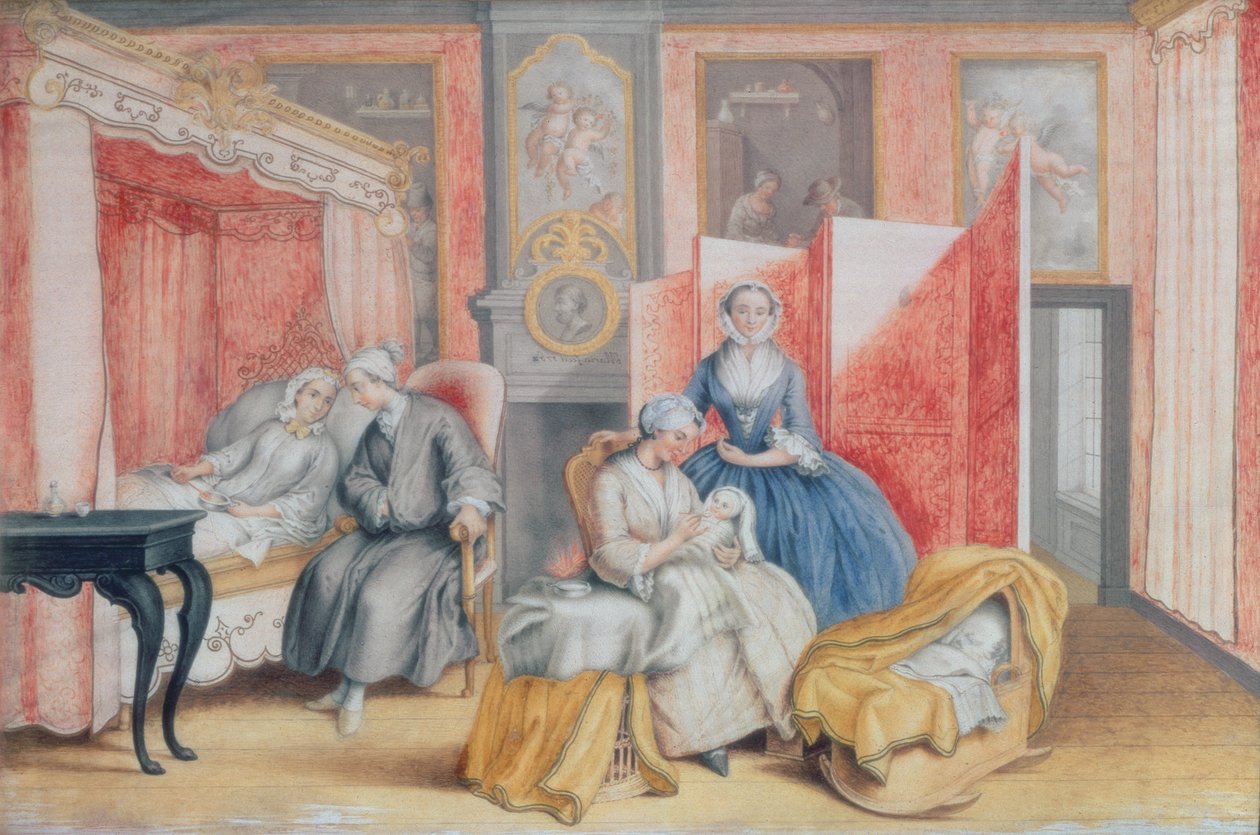 Josef II. (1741-1790) u lůžka své manželky Isabely Parmské po narození dcery Marie Terezie (1762-1770), 1762 (kvaš) od Archduchess of Austria Maria Christine