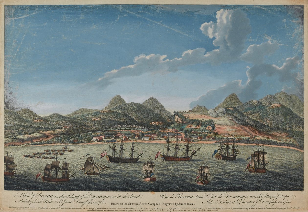Pohled na Roseau na ostrově Dominique, s útokem lorda Rolla (1703-65) a Sira Jamese Douglase (1703-87) z roku 1760, vyrytý Benazechem, publikoval v roce 1761 od Archibald Campbell