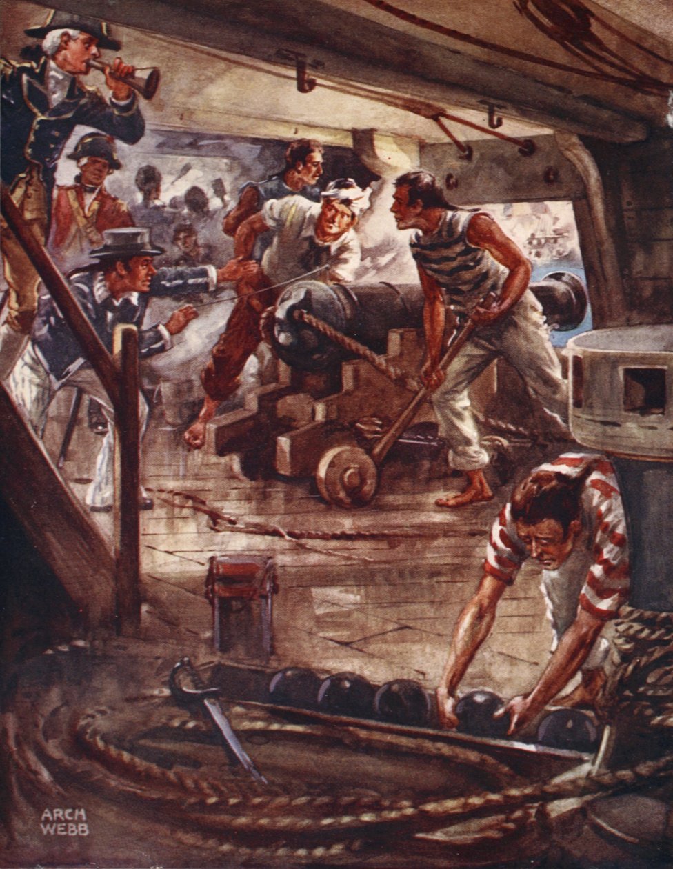 Každá zbraň ze svých neústupných rtů rozprostřela kolem lodí stín smrti, z Balads of Famous Fights, první vydání, 1920 od Archibald Webb