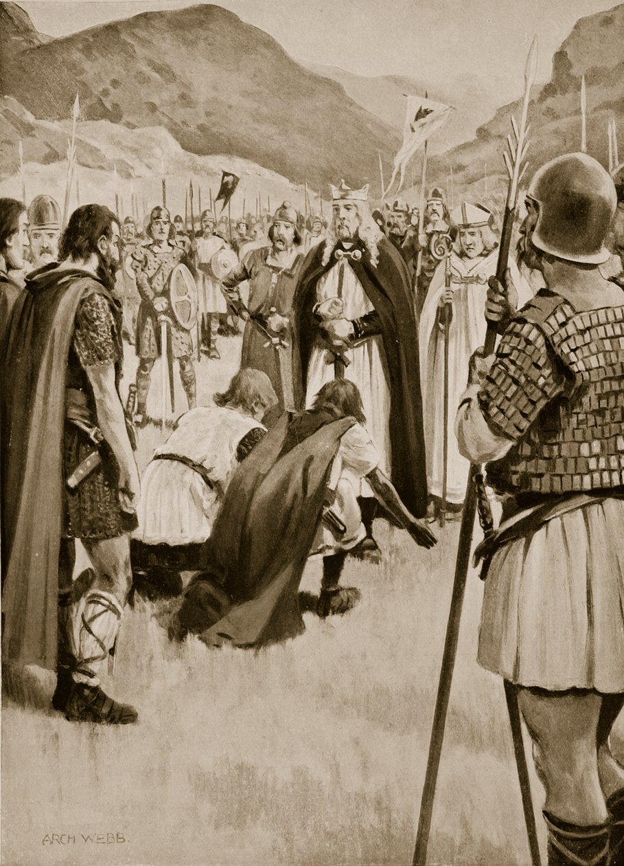 Dacorský koncil, 926, kdy Athelstan vyhnal mladého krále dánské Northumbrie Guthfritha, ilustrace z knihy "Hutchinson