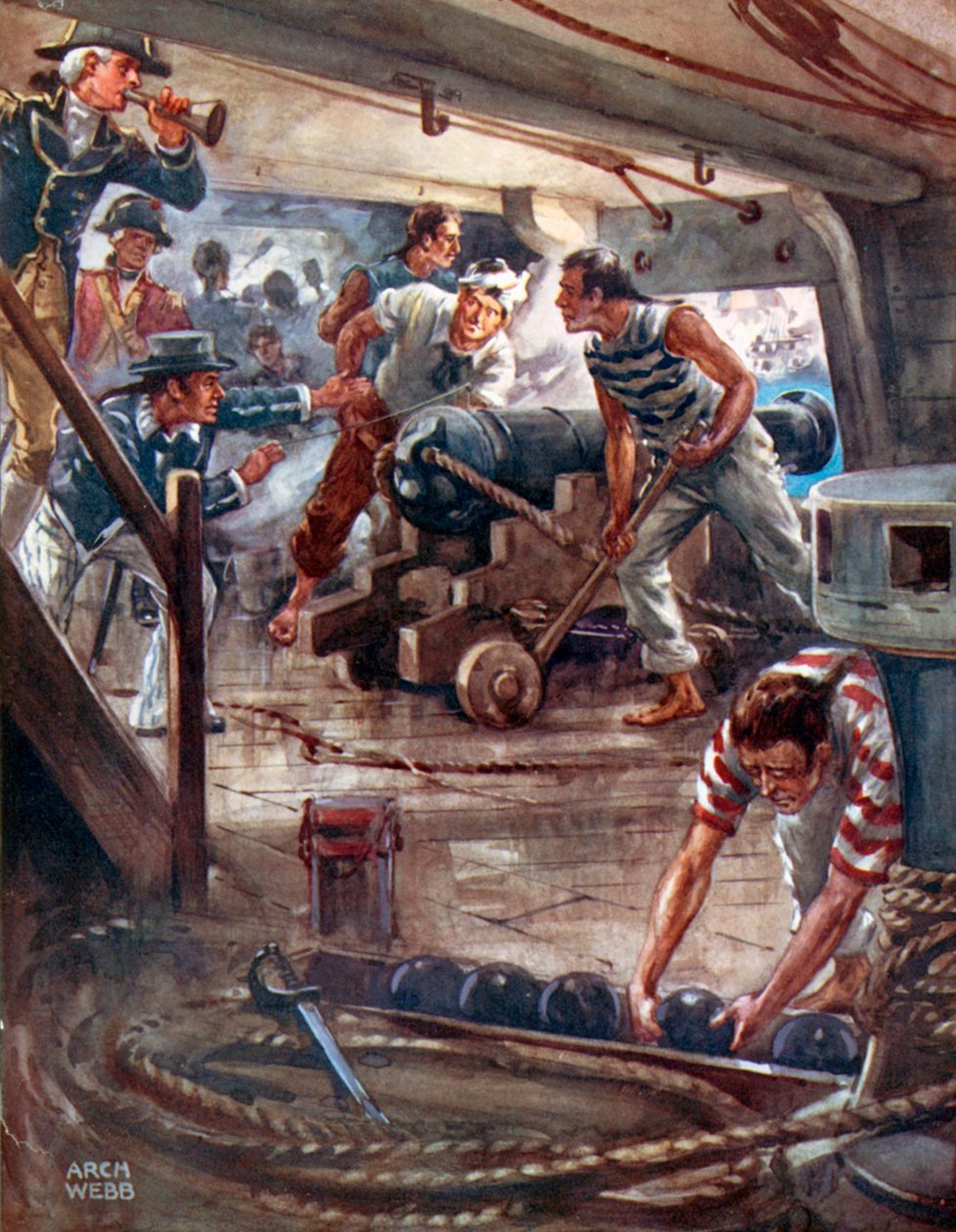 "Každá zbraň ze svých adamantinových rtů šíří smrtící stín kolem lodí" (barevná litografie) od Archibald Bertram (after) Webb