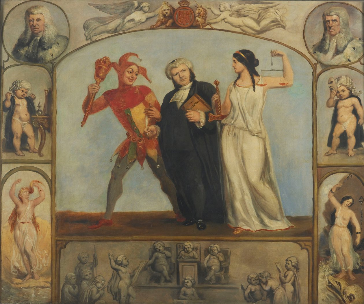malba; olej na plátně - Portrét Rentona Nicholsona s alegorickými výjevy a postavami od Archibald Henning