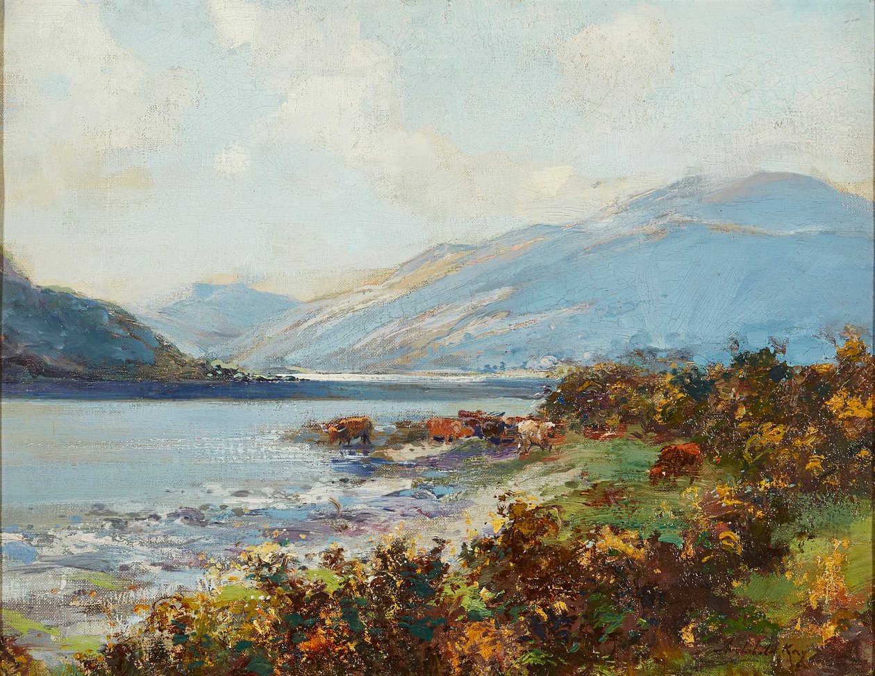 Highland Scéna s napájením dobytka (olej na plátně) od Archibald Kay