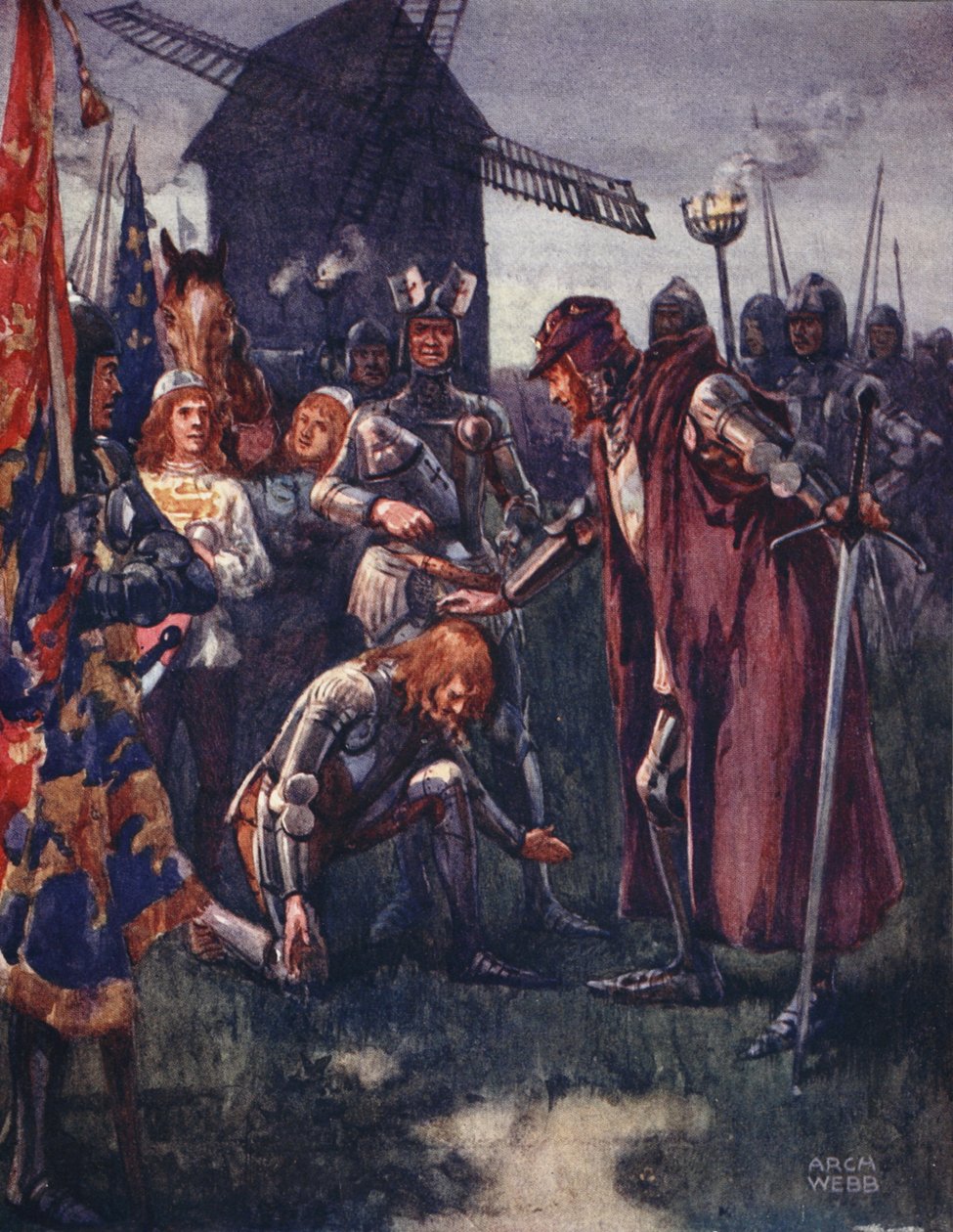 Princ ke svému otci klečí nízko: Jeho je bitva – jeho celá! z Balads of Famous Fights, první vydání, 1920 od Archibald Webb