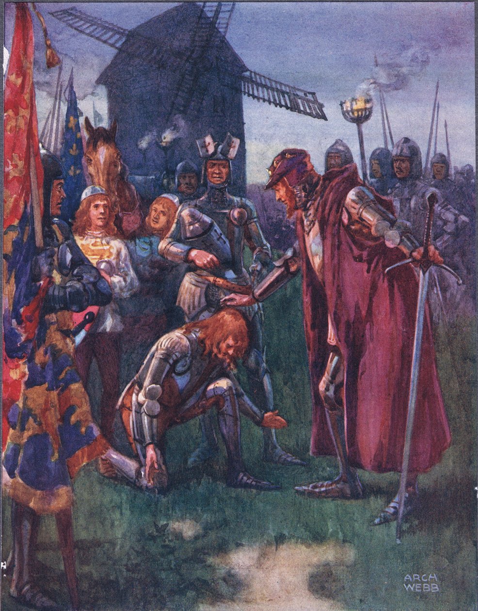 Princ ke svému otci klečí nízko: Jeho je bitva – jeho celá! ilustrace z Balady slavných bojů, kolem roku 1900 od Archibald Webb