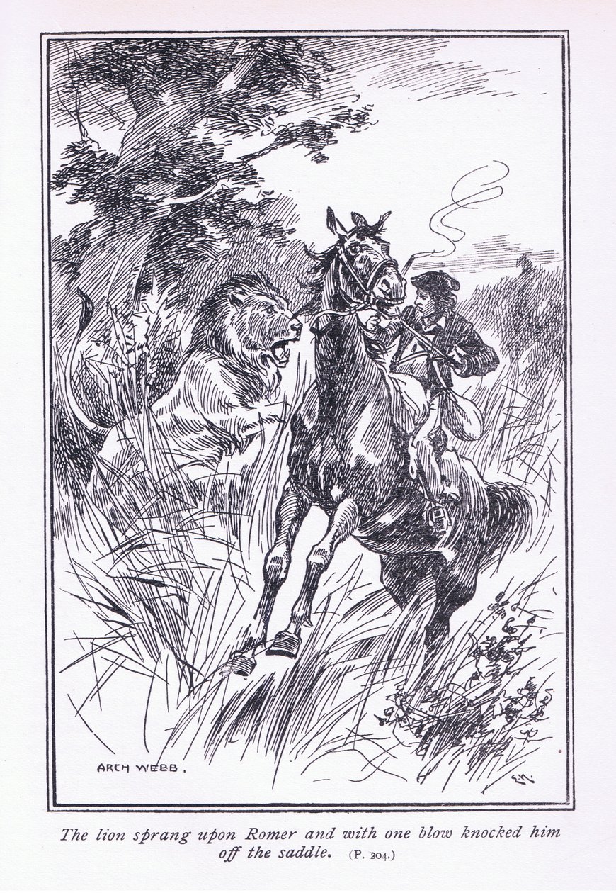 Lev se vrhl na Romera a jedinou ranou ho srazil ze sedla, 1900. od Archibald Webb