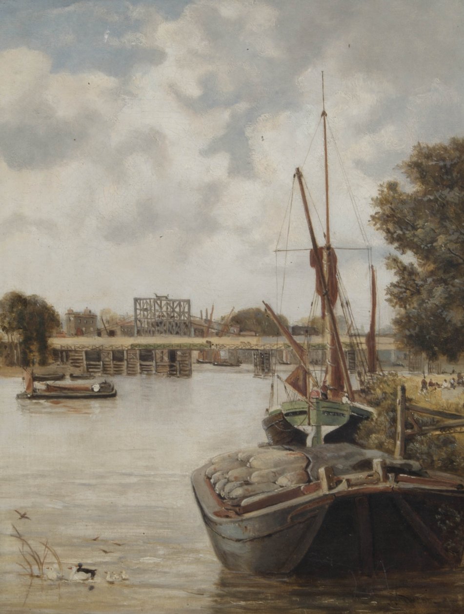 Současný Hammersmith Bridge ve výstavbě ukazuje dočasný most, 1886 od Archibald Webb