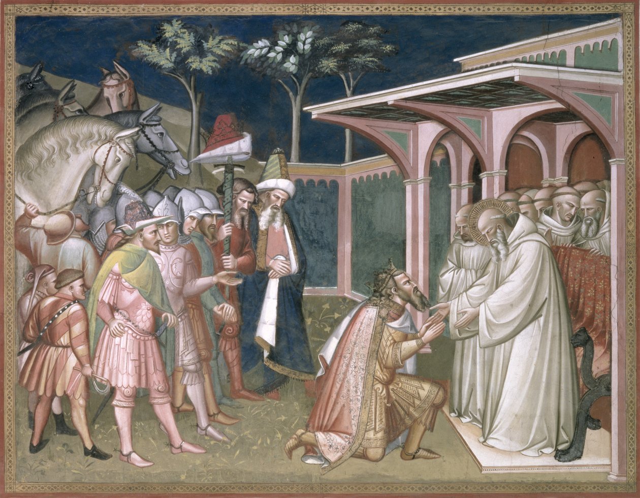 Svatý prorokuje Totilovi, králi Gótů, detail ze života svatého Benedikta (c.480-c.550), v sakristii, 1387 od Aretino Luca Spinello or Spinelli