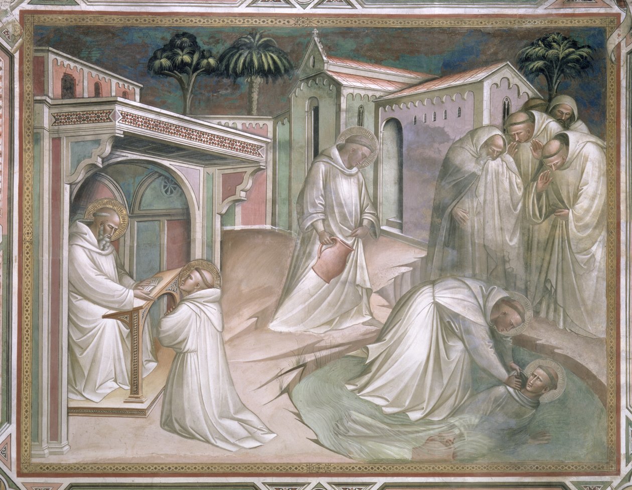 Maurus Saves Placidus, detail Život svatého Benedikta (cca 480-cca 550), v sakristii, 1387 od Aretino Luca Spinello or Spinelli