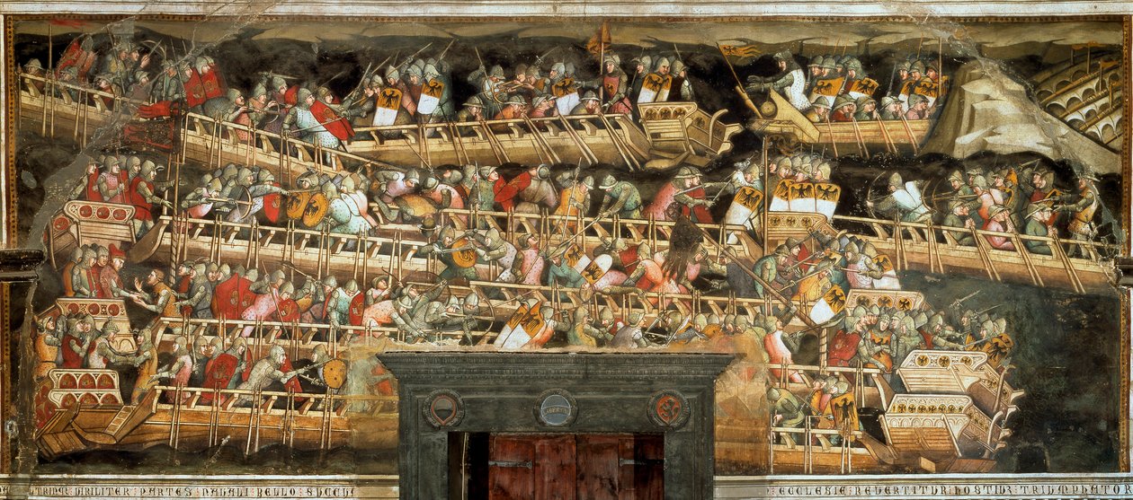 Námořní bitva v Punta Salvatore, která se postavila armádě Frederica Barberossy proti Benátčanům (Fresco od Aretino Luca Spinello or Spinelli