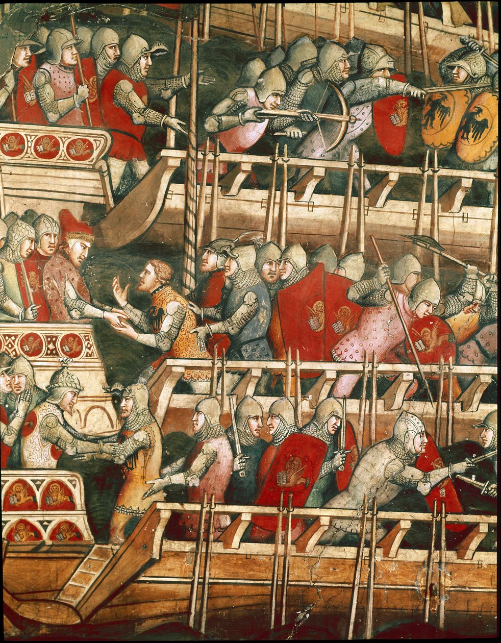 Námořní bitva v Punta Salvore v Terstském zálivu. Detail výměny rukojmích (Fresco od Aretino Luca Spinello or Spinelli