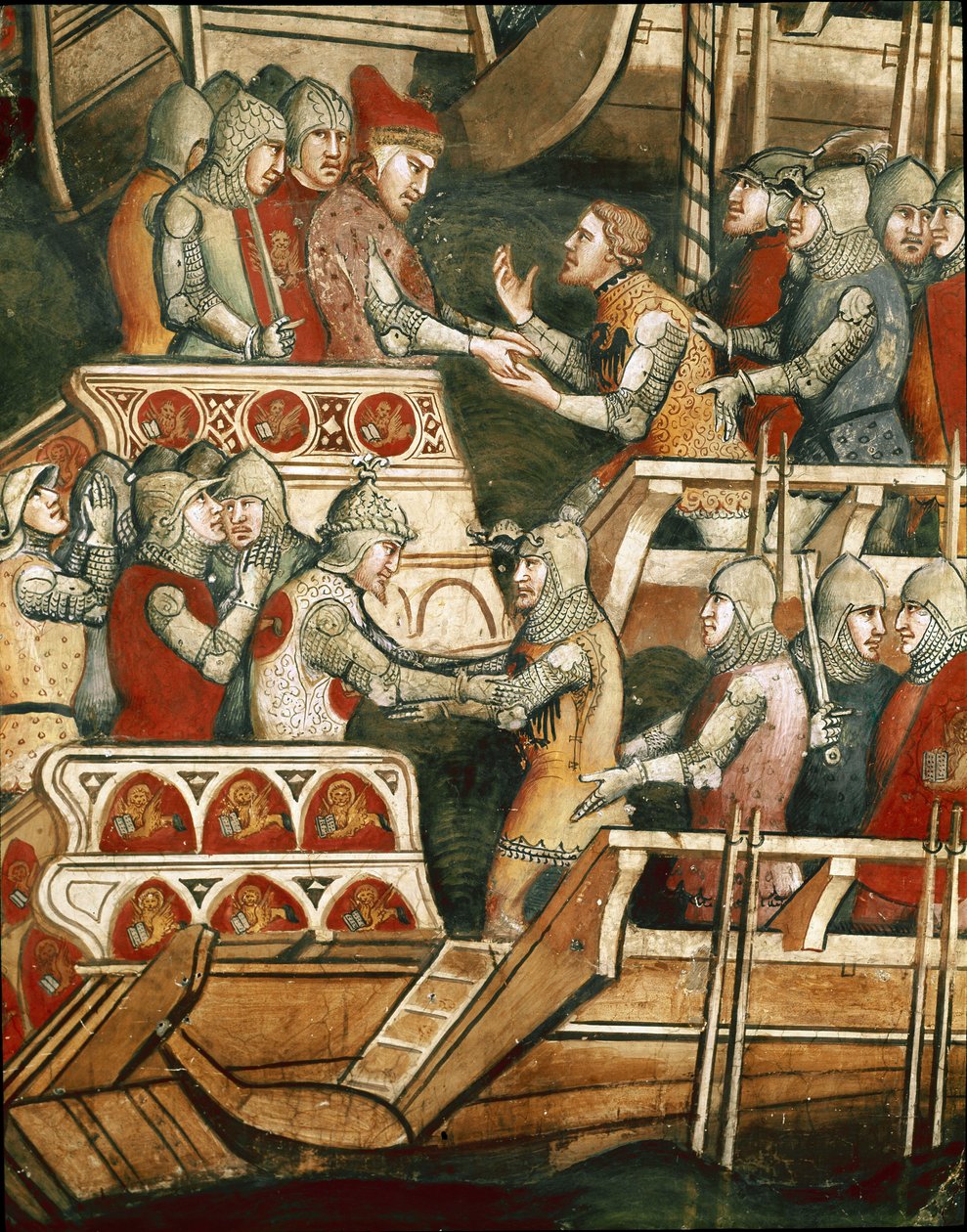 Námořní bitva v Punta Salvore v Terstském zálivu. Detail výměny rukojmích (Fresco od Aretino Luca Spinello or Spinelli