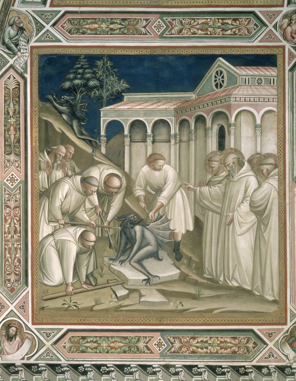 Těžký kámen, detail ze života svatého Benedikta (cca 480-cca 550), v sakristii, 1387 od Aretino Luca Spinello or Spinelli