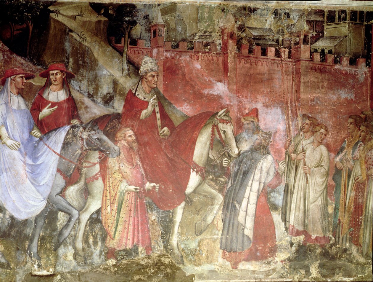 Historie papeže Alexandra III. (1105-81): Vstup papeže a císaře Fridricha Barbarossy (asi 1123-90) do Říma, 1407 (detail) od Aretino Luca Spinello or Spinelli