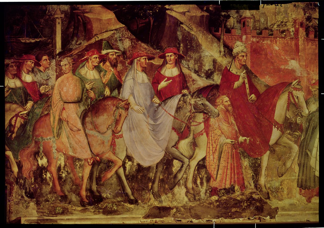 Historie papeže Alexandra III. (1105-81): Vstup papeže a císaře Fridricha Barbarossy (asi 1123-90) do Říma, 1407 (detail) od Aretino Luca Spinello or Spinelli