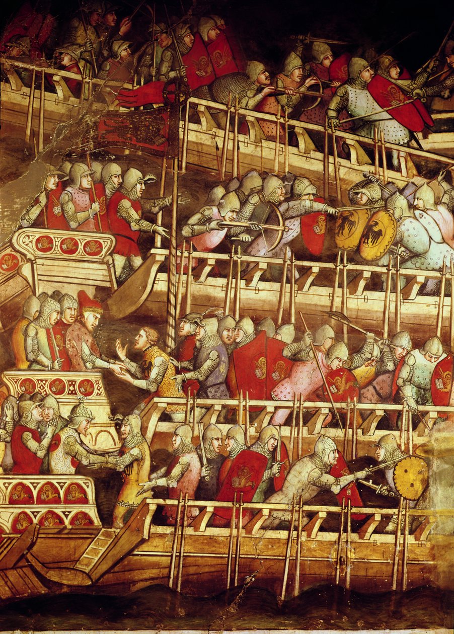 Historie papeže Alexandra III. (1105-81): Benátská flotila vítězná nad flotilou císaře Fredericka Barbarossy (asi 1123-90) 1407 od Aretino Luca Spinello or Spinelli