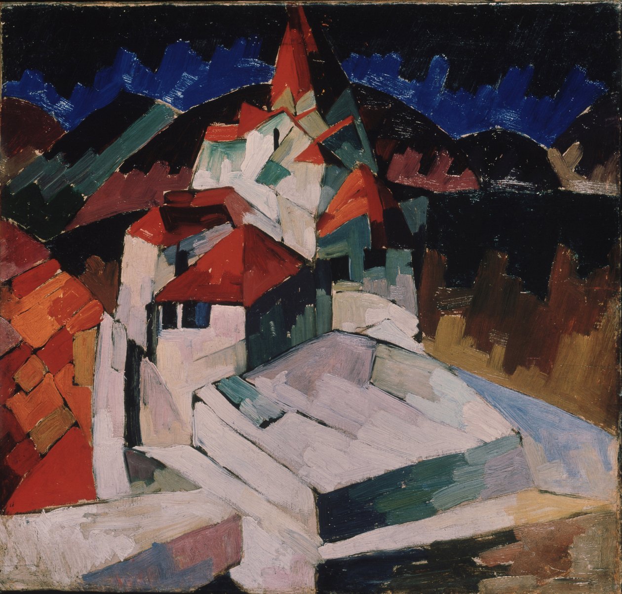Kostel v Kislovodsku (Severní Kavkaz, Rusko) (Církev v Kislovodsku). Kubistický popis náboženské stavby v krajině. Obraz Aristarch Vasilijevič Lentulov (Lentulov) (1882-1943), olej na plátně od Aristarkh Vasilievic Lentulov