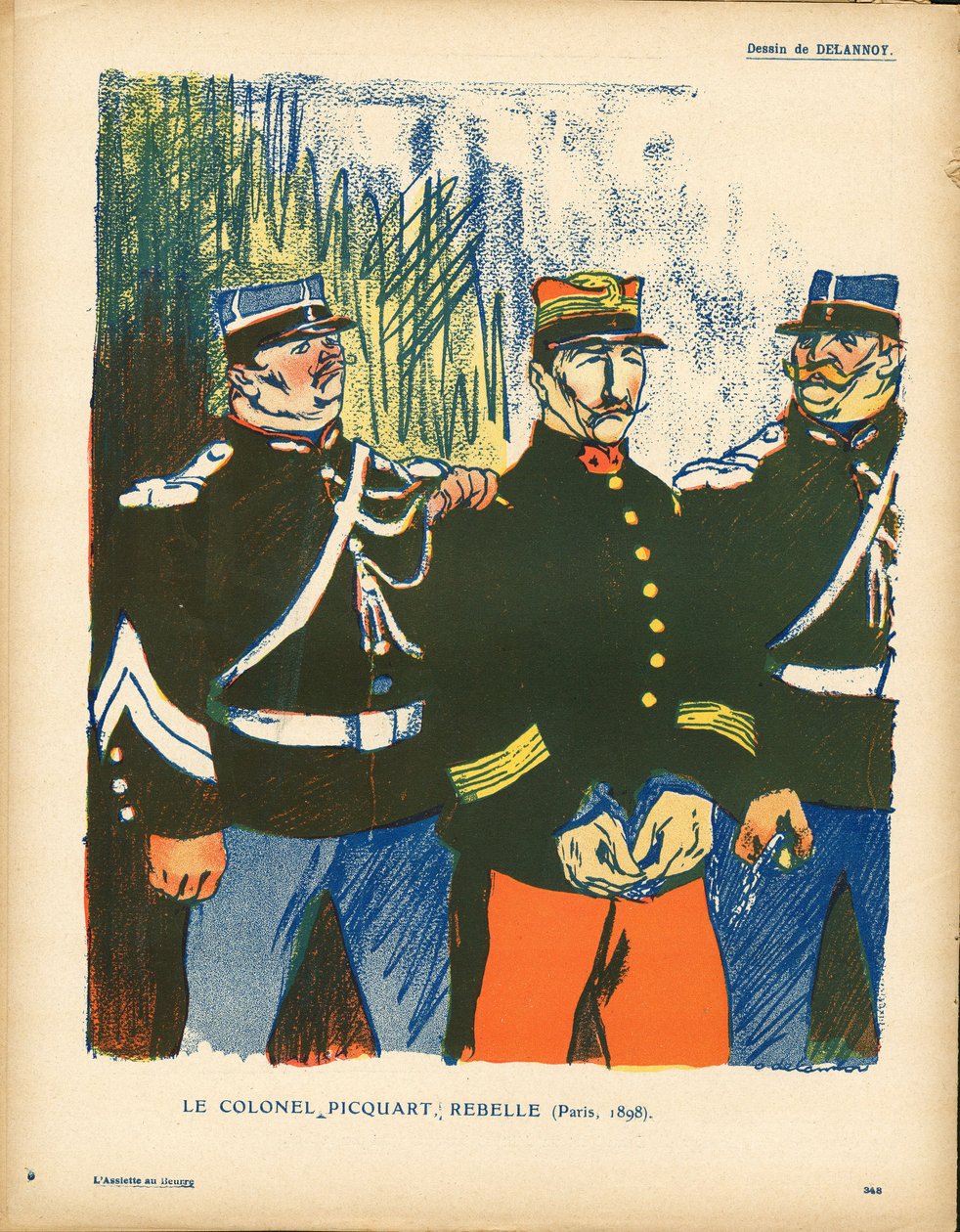 Máslový talíř, číslo 386, satirický, barevný od Aristide Delannoy