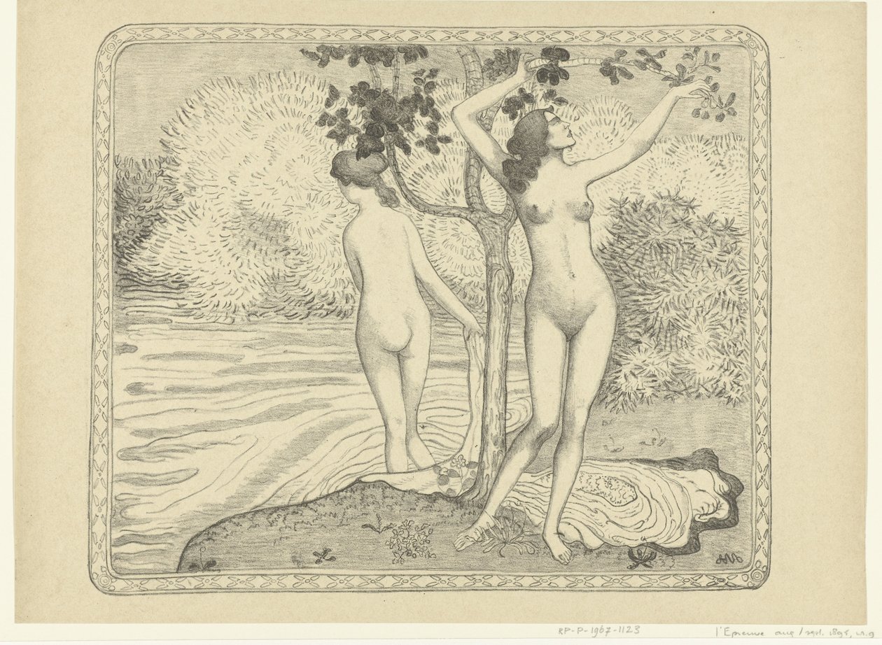 Twee badende vrouwen bij waterkant Zomer Dva nazí koupající se pod stromem u vody Léto The Trial (název série) od Aristide Maillol