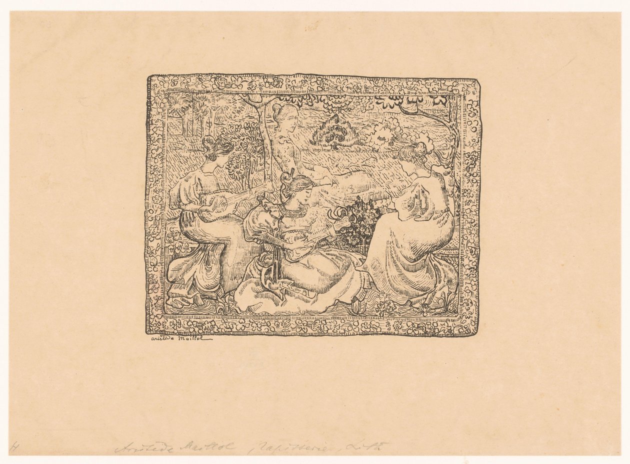 Gobelín se čtyřmi muzicírujícími ženami v krajině Concert champêtre (původní název) od Aristide Maillol