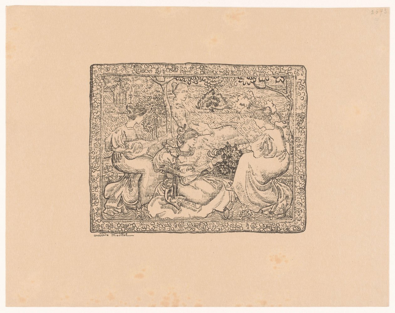 Gobelín se čtyřmi muzicírujícími ženami v krajině Concert champêtre (původní název) od Aristide Maillol