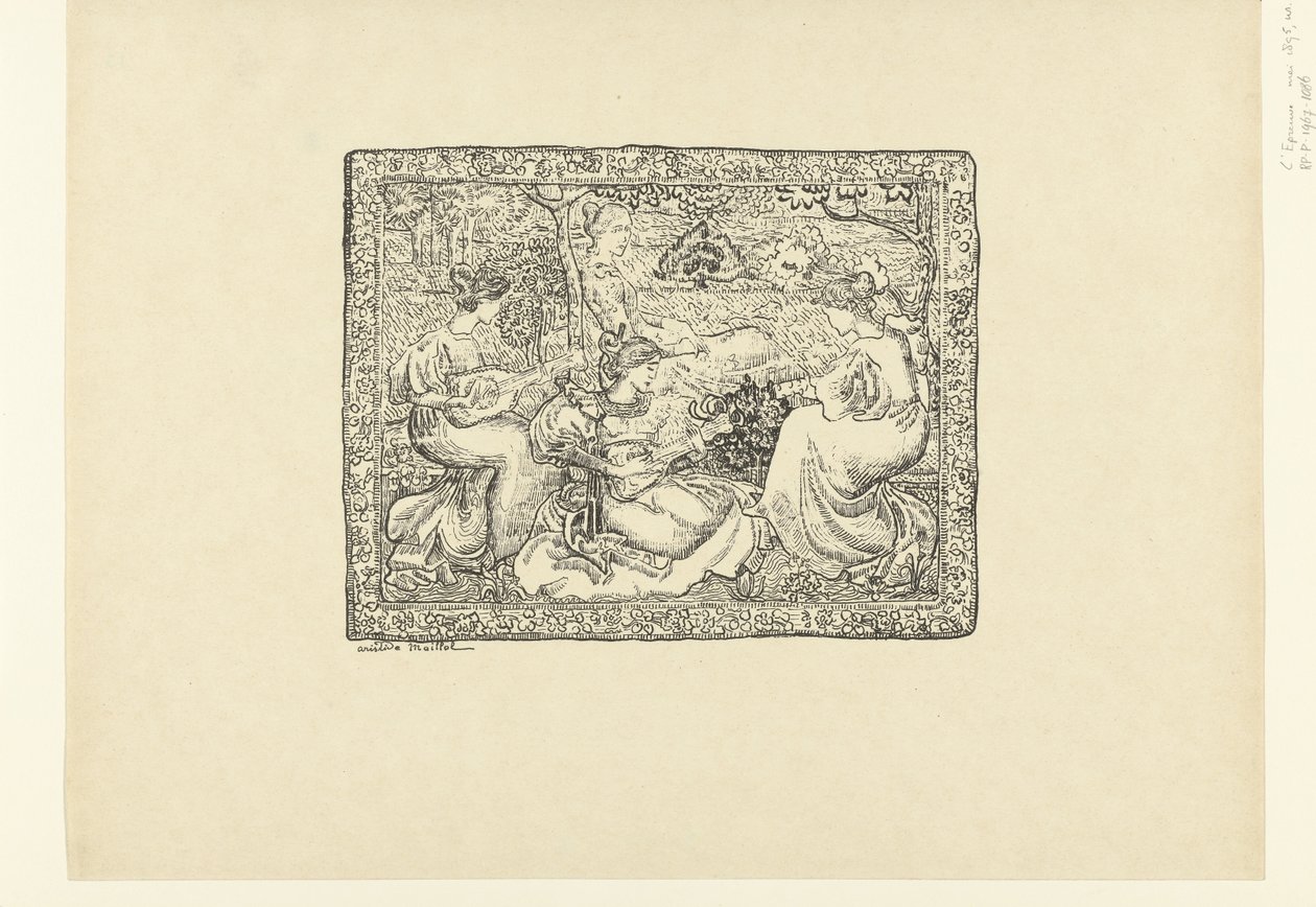 Gobelín se čtyřmi muzicírujícími ženami v krajině Tapisserie nebo koncertní champêtre L