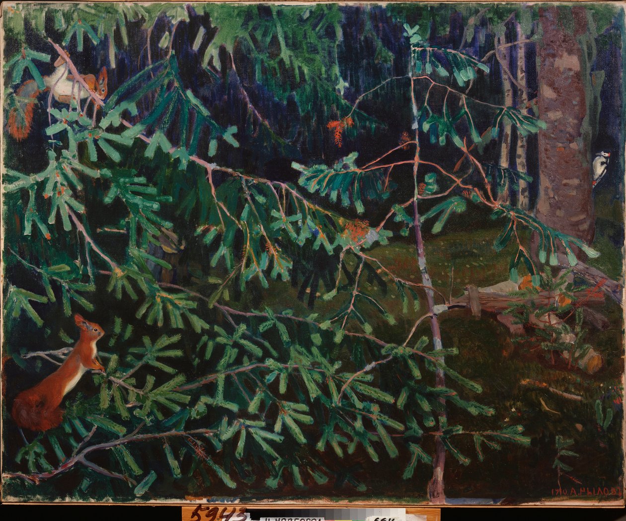 Obyvatelé lesa. (Veverky ve větvích a pták klující kmen). Obraz Arkadi (Arkady) Alexandrovič Rylov (1870-1939), olej na plátně od Arkadij Aleksandrovic Rylov