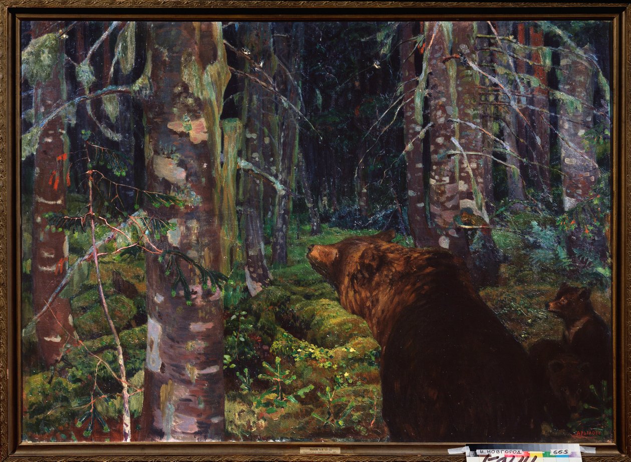 Medvěd. (Se svými mláďaty, v lese jehličnanů). Obraz Arkadi (Arkady) Alexandrovič Rylov (1870-1939), olej na plátně od Arkadij Aleksandrovic Rylov