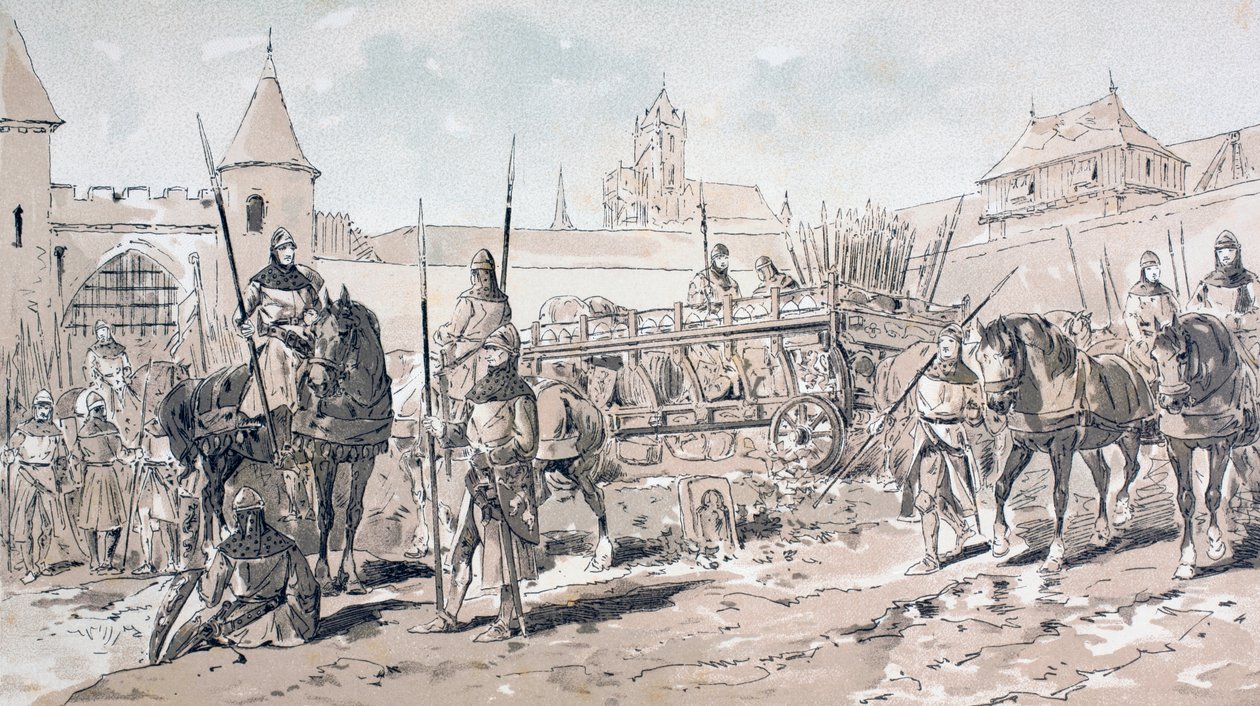 Kavalérie a pěšáci s vozem taženým koňmi se zbraněmi a materiálem během 13. století, 1886 od Armand Jean Heins