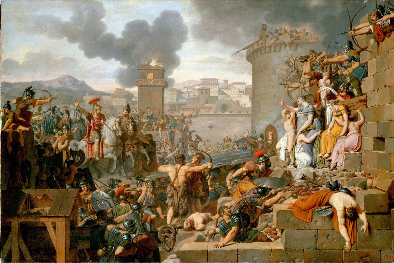 ""Metellus Raising the Siege" (Metellus Raising the Siege) Během obléhání města Centobrica Quintus Caecilius Metellus Macedonicus zatýká své vojáky, když obyvatelé vystaví děti Rhetogene, aby na něj zaútočili. Vymalováno od Armand Charles Caraffe