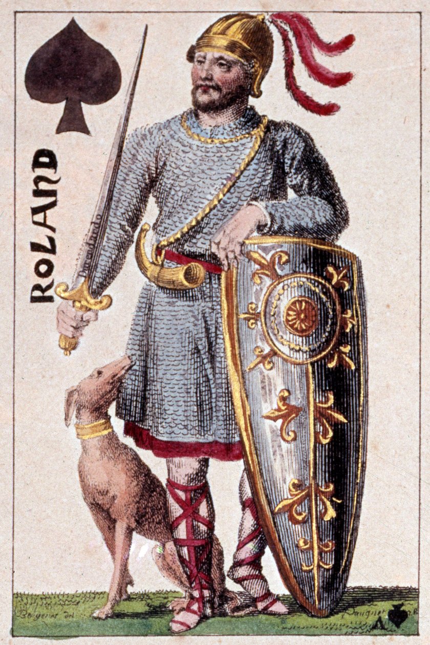 Představení rytíře Rolanda (neboli Hroudlanda), markýze z Bretaňských pochodů. Detail hrací karty od Gustava Houbiganta (1789-1862) 19. století Paris B.N. od Armand Gustave Houbigant