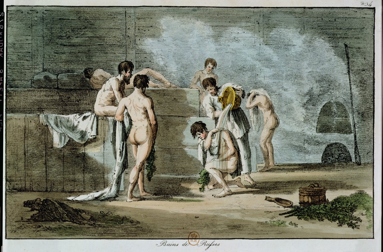 Ruští muži v sauně, od Mores et Coutumes Russes, 1821 (barevné litho) od Armand Gustave Houbigant