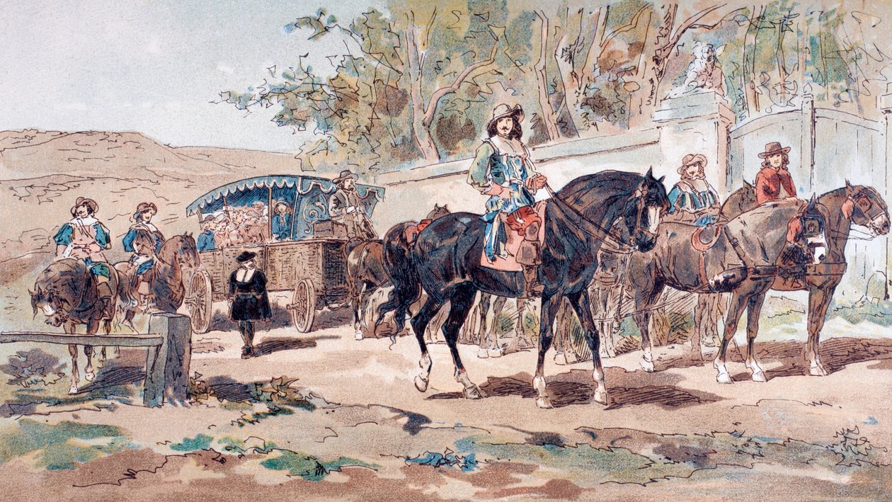 Veřejná práce tažená koňmi nebo trenér 17. století s doprovodem na koni, 1886 od Armand Jean Heins