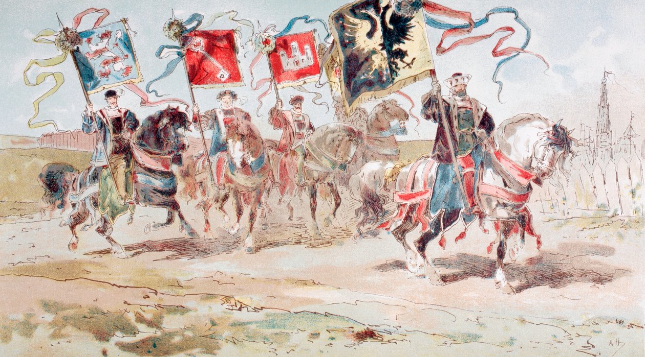 Jezdci nesoucí prapory Hanzy a měst patřících do Ligy, 16. století, 1886 od Armand Jean Heins