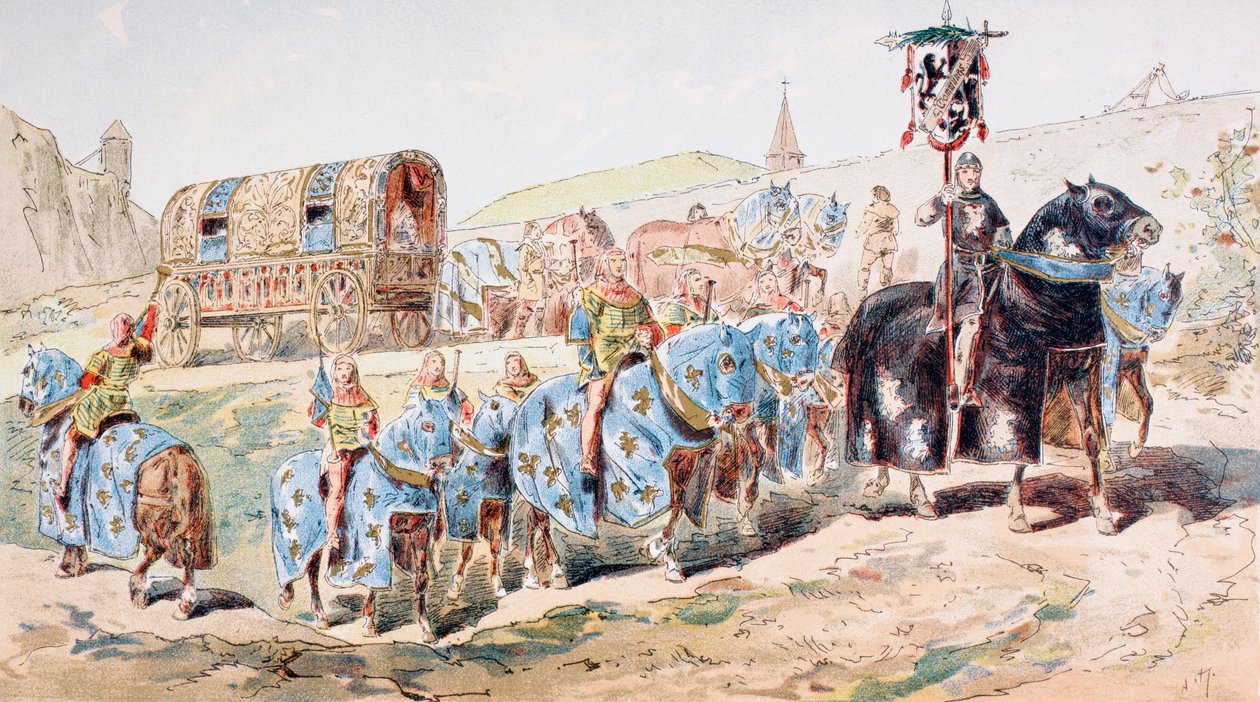 Šlechtična v kočáru taženém koňmi v doprovodu hráčů na trubku ve 13. století od Armand Jean Heins