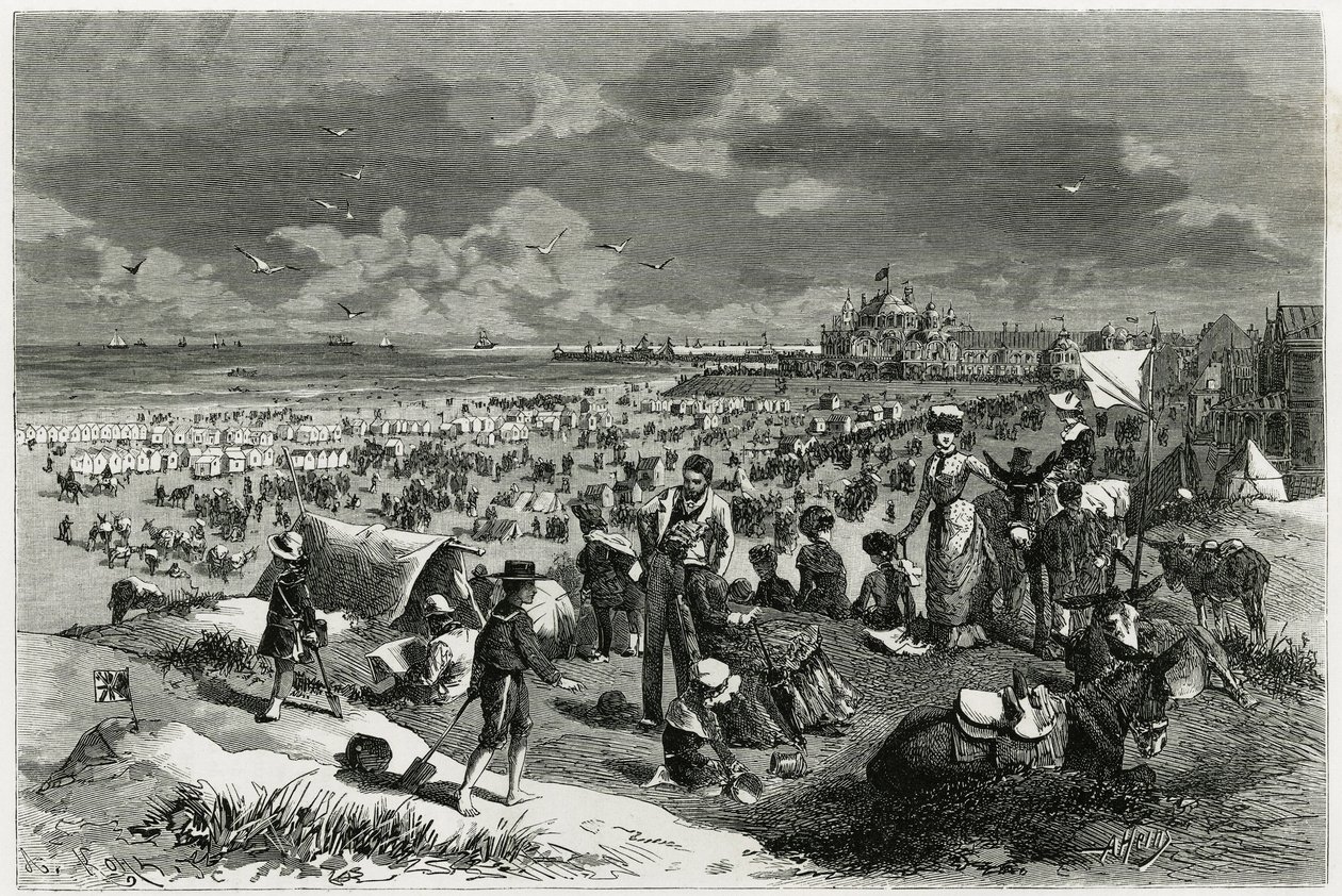 Pláž Ostende. Rytina od A. Heinse, k ilustraci příběhu „“ La Belgique“, od Camille Lemonnier (1844-1913), spisovatelky a umělecké kritiky. Publikováno v Tour du monde new journal des voyages od Armand Jean Heins