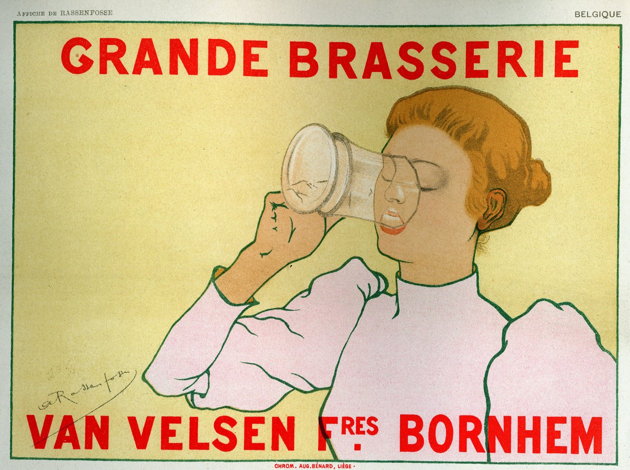 Žena pijící pivo, reklama na brasserie Van Velsen, konec 19. století (plakát) od Armand Rassenfosse