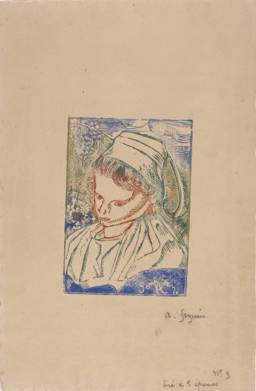 Bretonne de Pont-Aven (Bretonka z Pont-Aven) kolem roku 1896 (dřevotisk s vybarvením panenky) od Armand Séguin