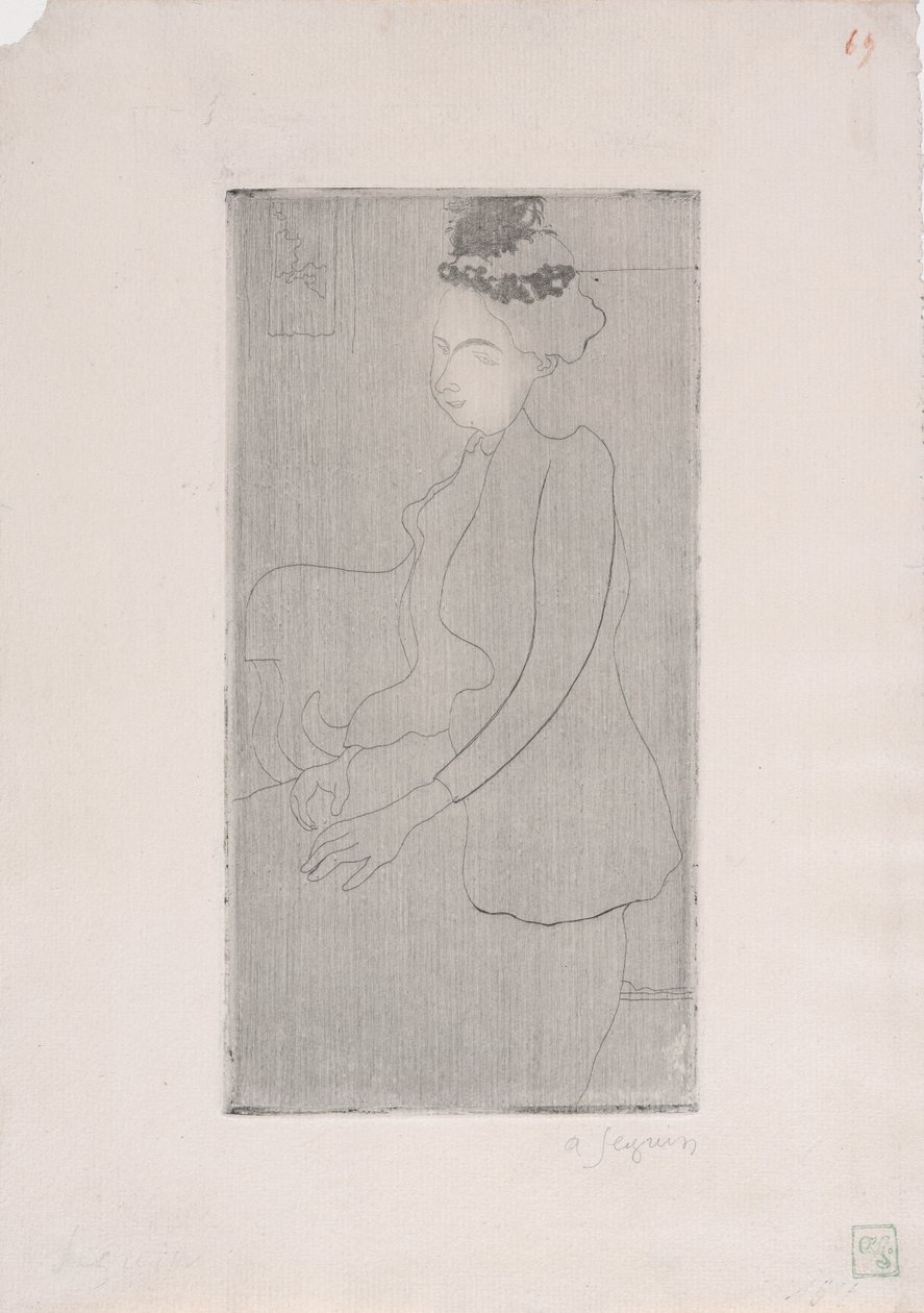 Femme assise avec chapeau a chochol (Sedící žena s opeřeným kloboukem) c.1893 (lept) od Armand Séguin