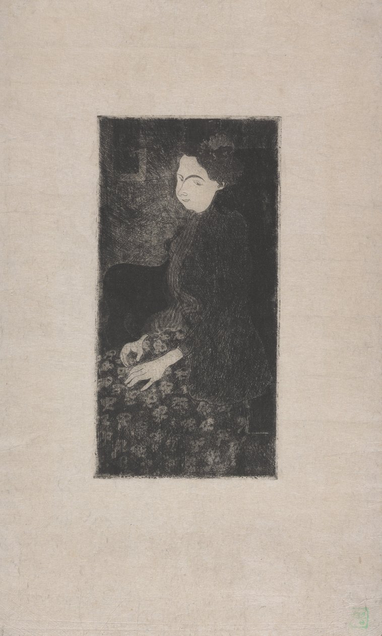 Femme assise avec chapeau a chochol (Sedící žena s opeřeným kloboukem) kolem roku 1893 (lept, suchá jehla a tečkování) od Armand Séguin