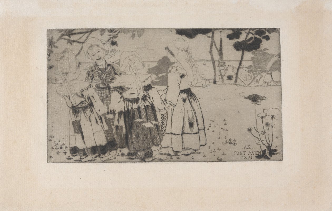 La Ronde de Pont-Aven (Tanec v Pont-Aven) 1891 (lept, akvatinta a suchá jehla) od Armand Séguin