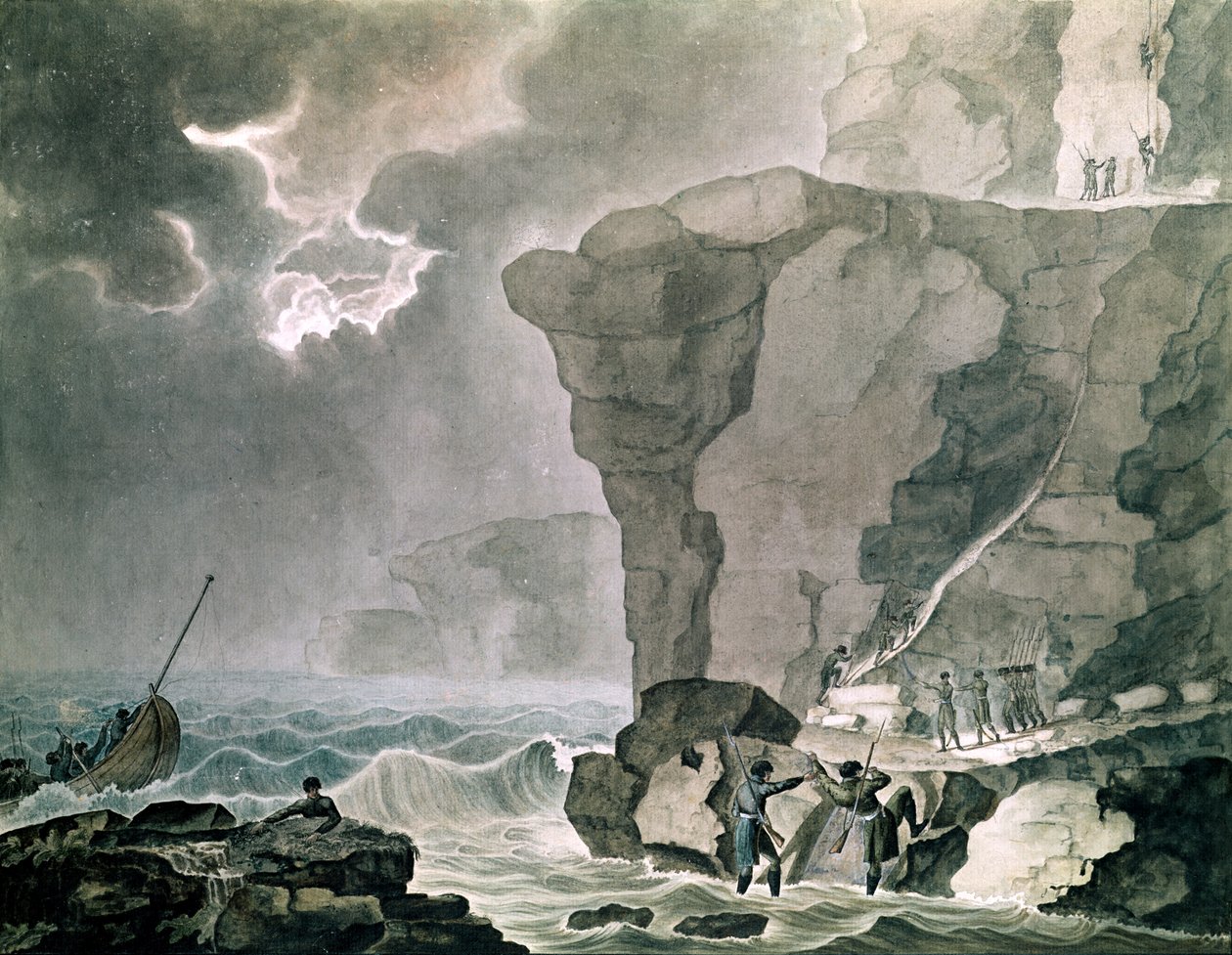 Vylodění Spiklenci v Cadoudalské aféře na Cliff of Biville poblíž Dieppe, 16. ledna 1804 (wc na papíře) od Armand de Polignac