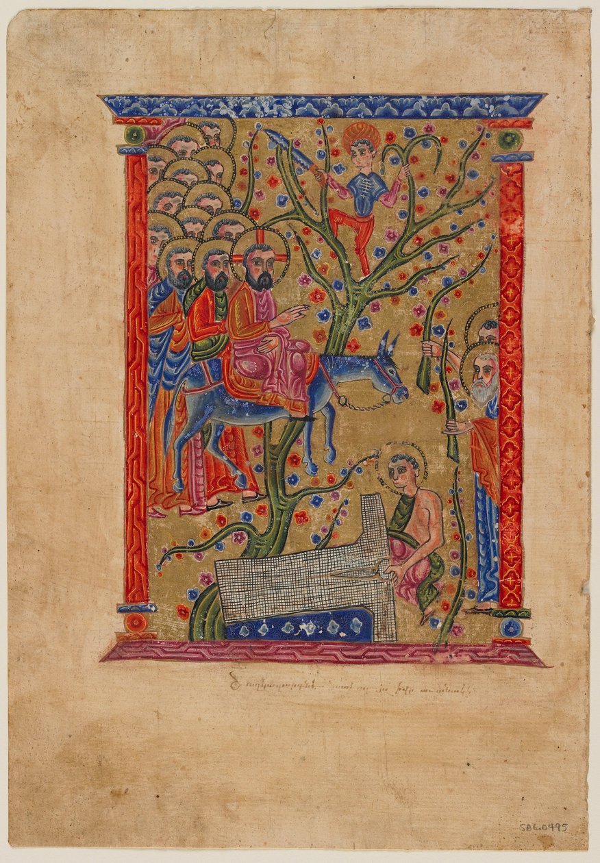 Folio z arménského rukopisu: Vjezd do Jeruzaléma, cca 1500 (inkoust, neprůhledné wc a zlato na papíře) od Armenian School