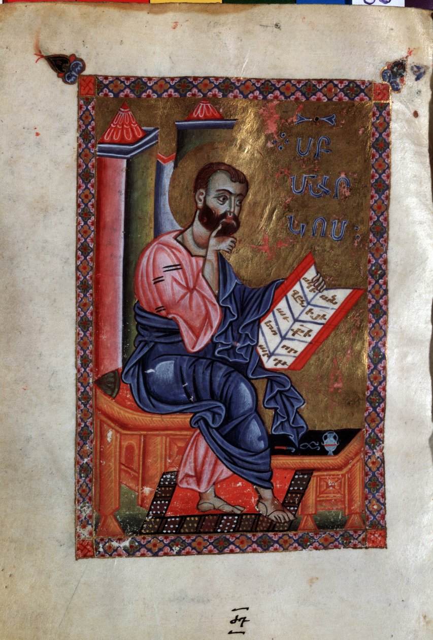 Saint Mark the Evangelist (Mark the Evangelist). Iluminace mistra Codexu Matenadaran (13. století), miniatura, akvarel na pergamenu od Armenian School