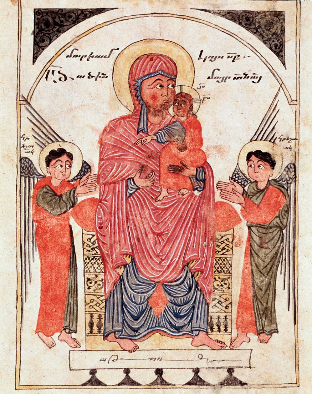 Panna s dítětem a anděly, detail (ilustrovaný rukopis od Armenian School